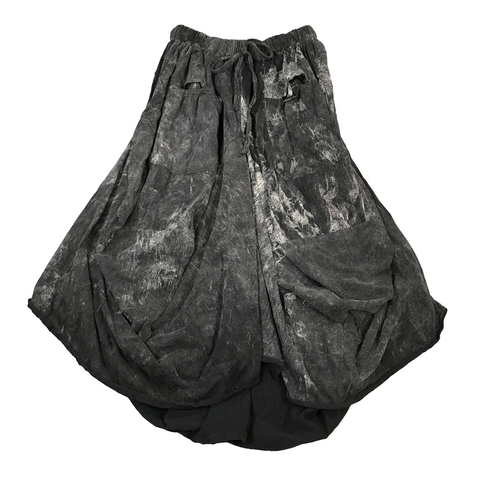 Thaluta OS Bohemian Ruched Parachute Skirt Black Bleach Dye Pockets Pull On AY20
